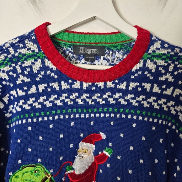 Blizzard Bay Men's Size S Ugly Christmas Sweater Santa Riding T-Rex - Picture 3 of 8